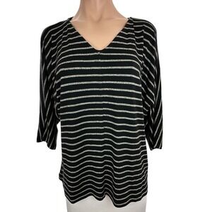 J. Jill Pullover Knit Top Black w Silver Stripes 3/4 Kimono Sleeves Size  Medium